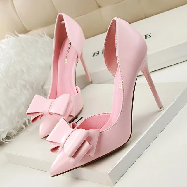 2016 fashion delicate sweet bowknot high heel shoes side hollow pointed women pumps