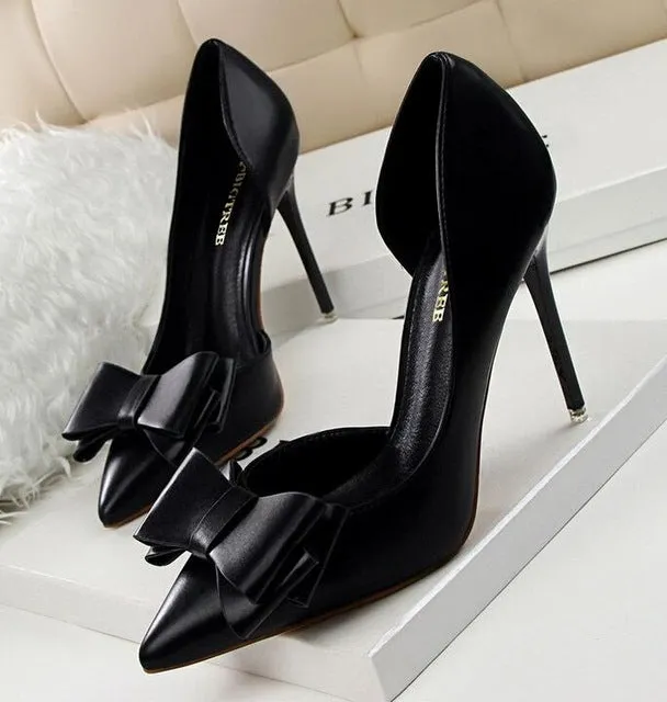 2016 fashion delicate sweet bowknot high heel shoes side hollow pointed women pumps