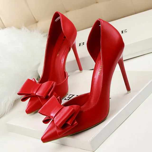 2016 fashion delicate sweet bowknot high heel shoes side hollow pointed women pumps