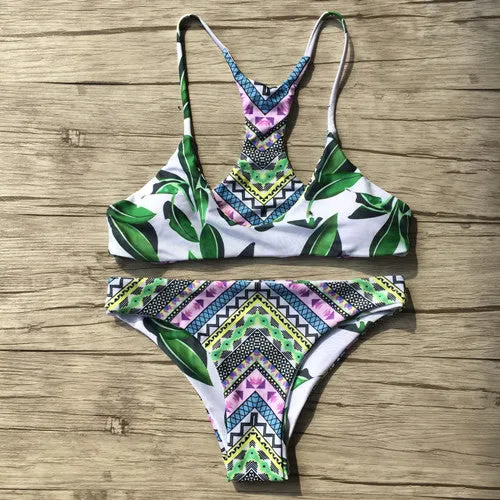 2017 Sexy Strappy Bikini Bandage Swimwear Leaves Tropical Swimsuit Retro Bikini Set Brazilian Bikinis Women Bathing Suit E968