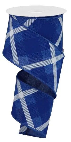 2.5" Diagonal Plaid Ribbon: Royal Blue/White - 10yds