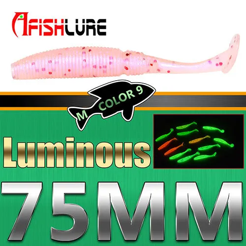 6pcs/lot  T Tail Soft Grub Glow 75mm 3g Luminous soft fishing lure Abdomen open hook Paddle Tail Soft Lure Bass Fishing bait