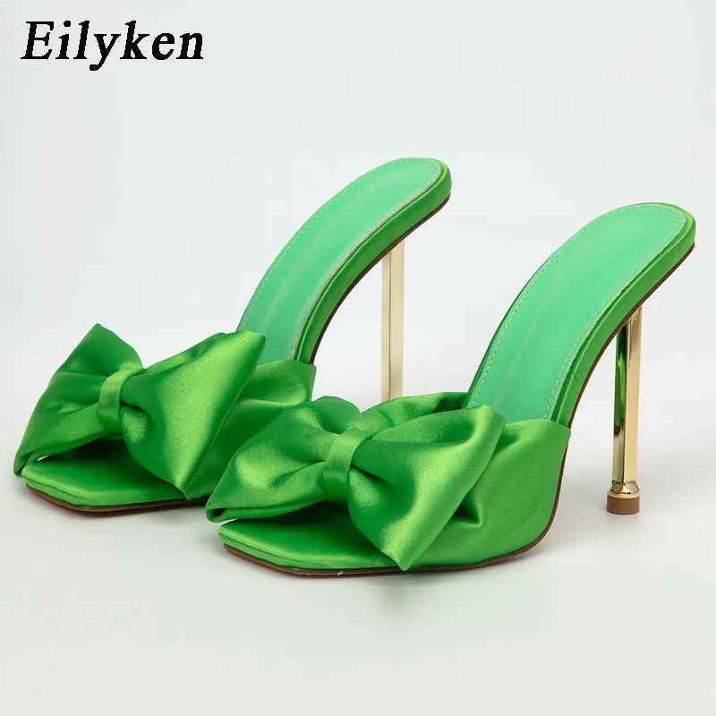 Amozae 2022 New Arrival Silk Butterfly-knot high heels Women Slippers Sandals Square toe Mule Slippers Slides Party shoes