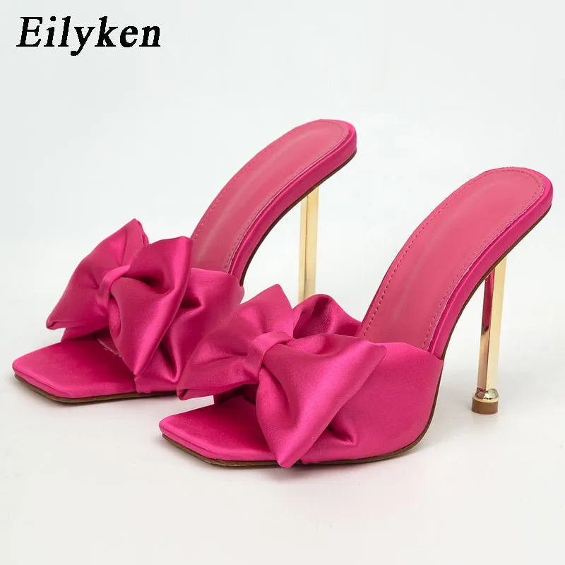 Amozae 2022 New Arrival Silk Butterfly-knot high heels Women Slippers Sandals Square toe Mule Slippers Slides Party shoes