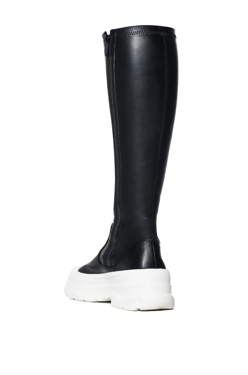 AZALEA WANG LOIS 4 WAY STRETCH MID CALF FLATFORM BOOTS IN BLACK