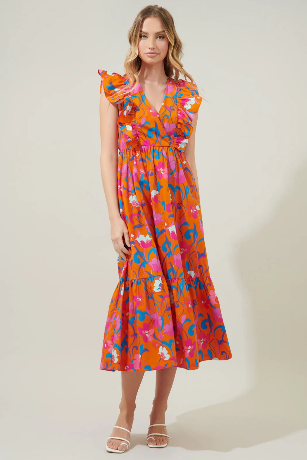 Baila Floral Fairness Poplin Surplice Midi Dress