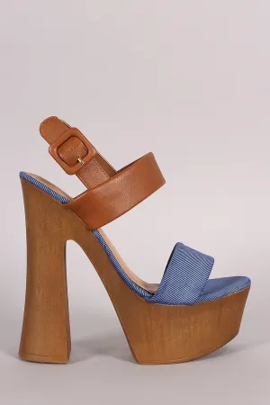 Bamboo Denim Print Slingback Chunky Platform Spool Heel