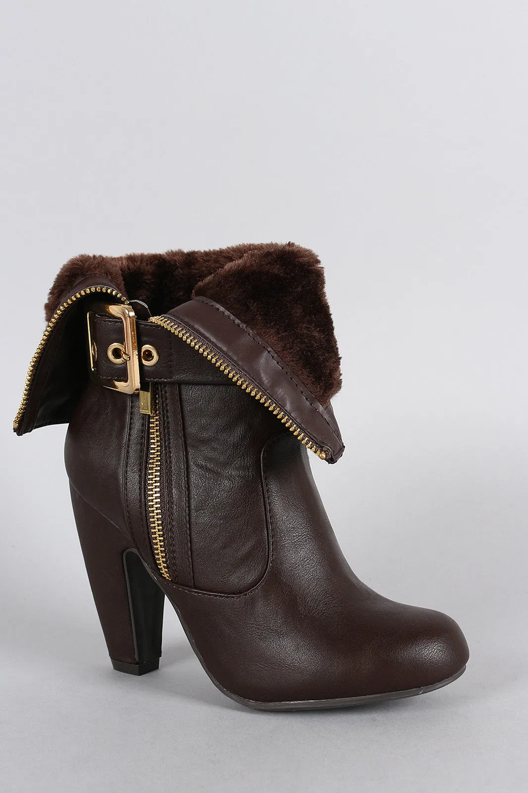 Bamboo Faux Fur Cuff Buckle Strap Heeled Ankle Boots