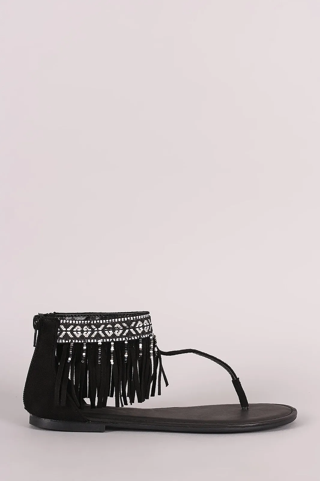 Bamboo Suede Embroidered Fringe Cuff T-Strap Flat Sandal