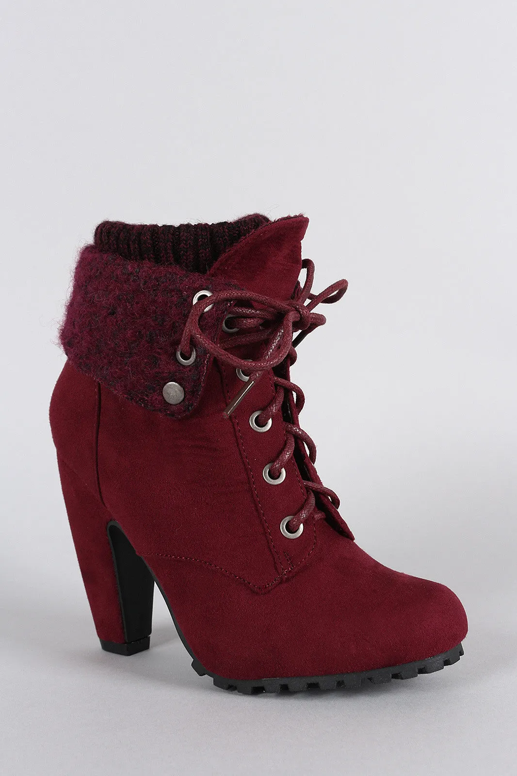 Bamboo Sweater Cuff Down Suede Lace Up Heeled Booties