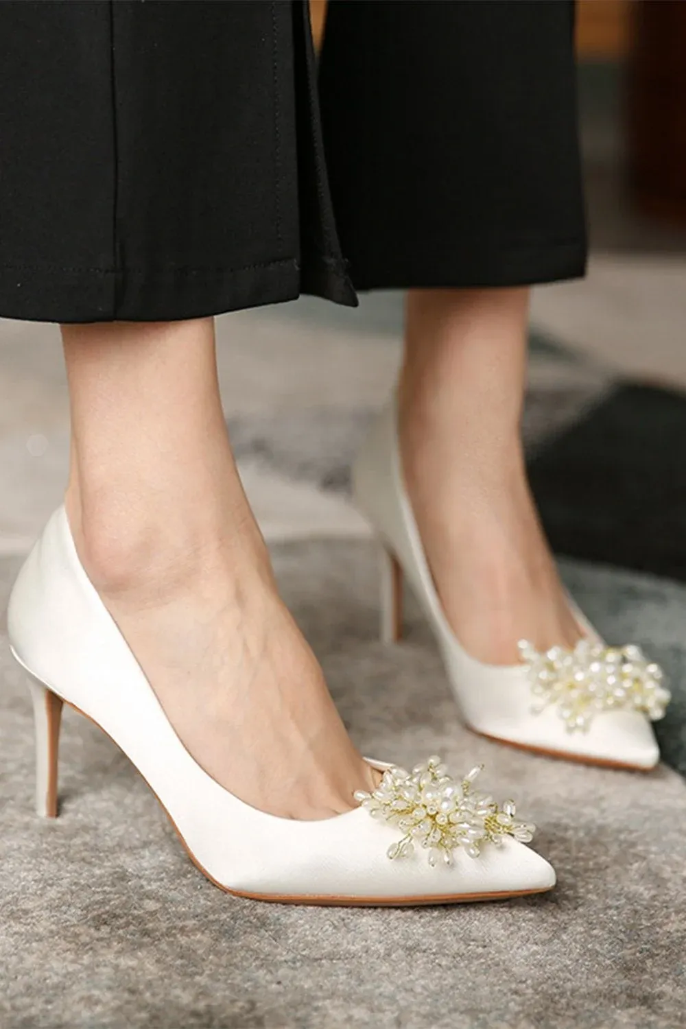 Beaded White Stiletto Pointy Heels