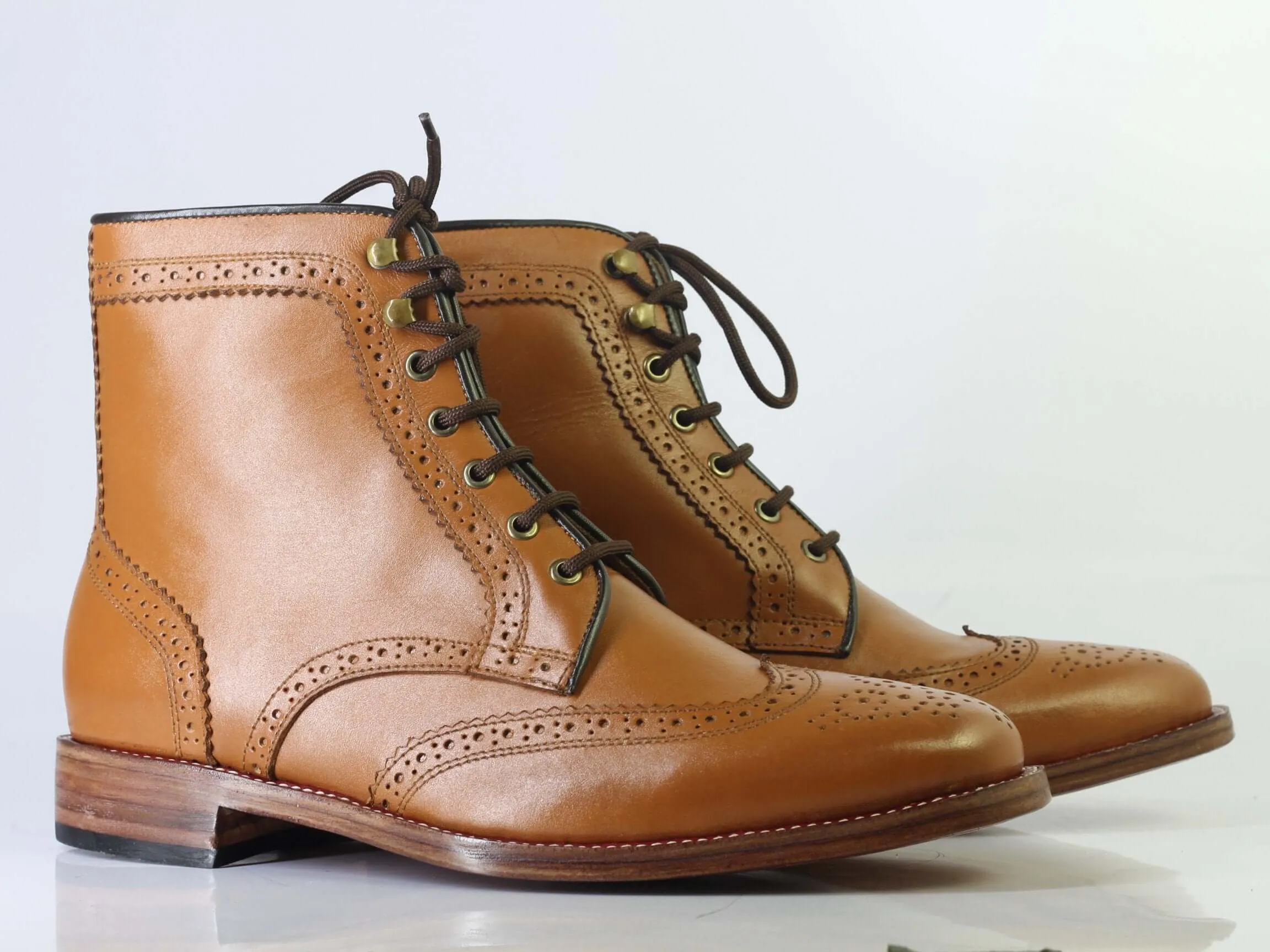 Bespoke Brown Leather Ankle Wing Tip Brogue Toe Boots