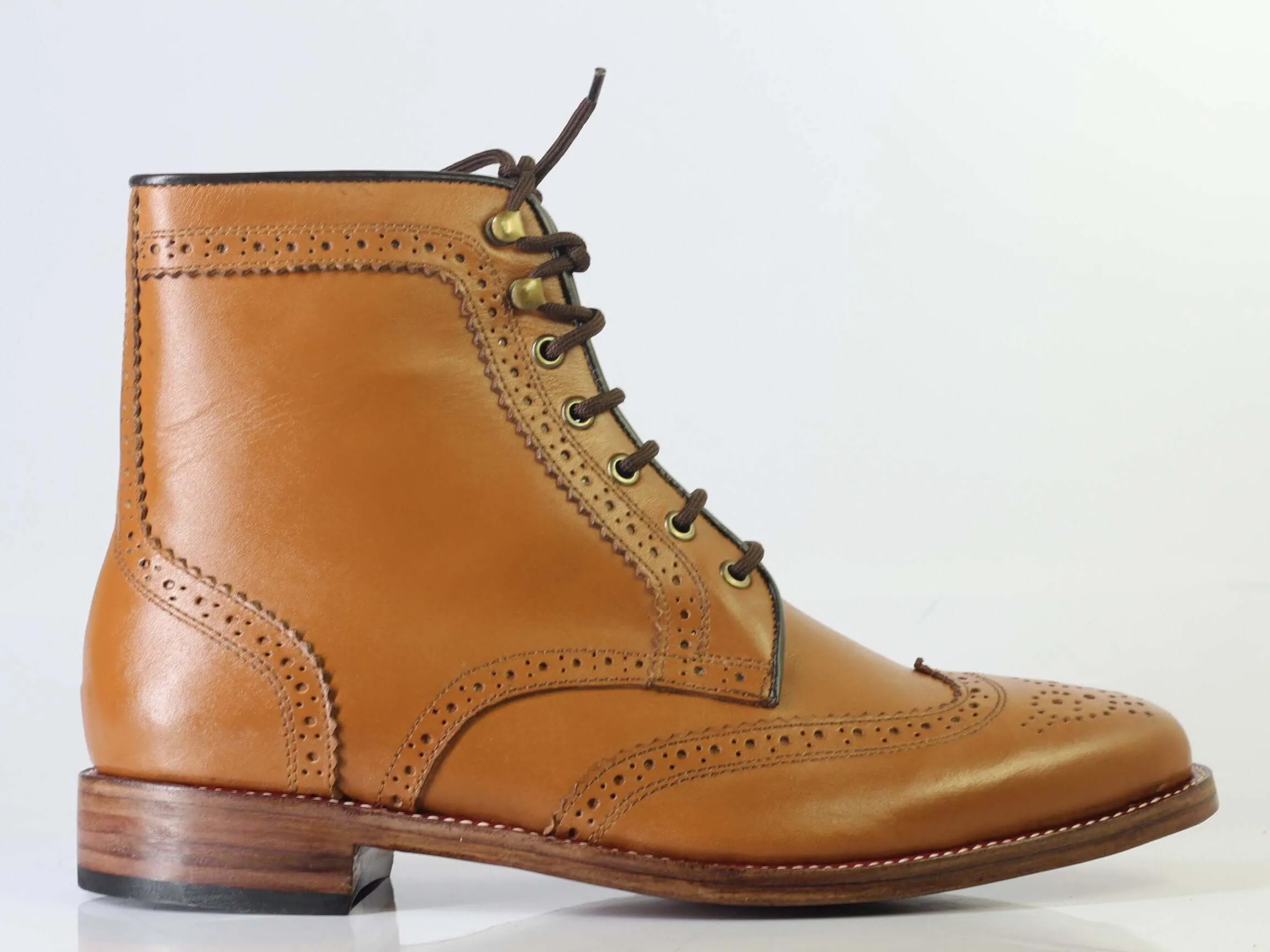 Bespoke Brown Leather Ankle Wing Tip Brogue Toe Boots