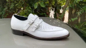 Bespoke White Leather Monk Strap Shoe for Men's