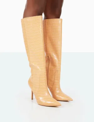 Best Believe Caramel Croc Pointed Toe Stiletto Heeled Knee High Boots