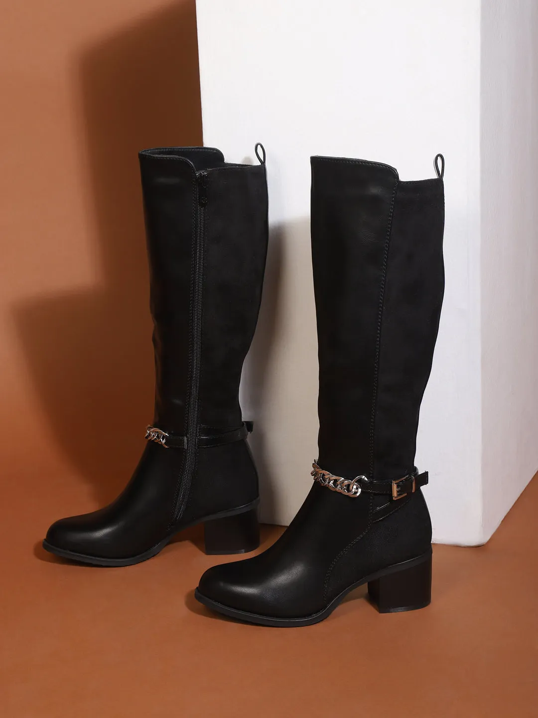 Black PU Block Long Boots (TC-1025-131-BLK)