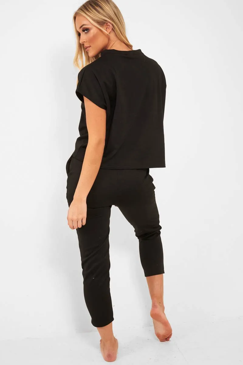 Black Short Sleeve Crop Jogger Loungewear Set - Aarian