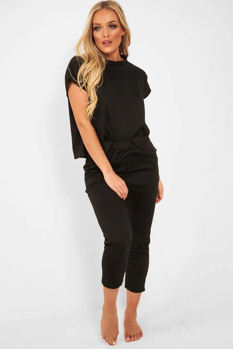 Black Short Sleeve Crop Jogger Loungewear Set - Aarian