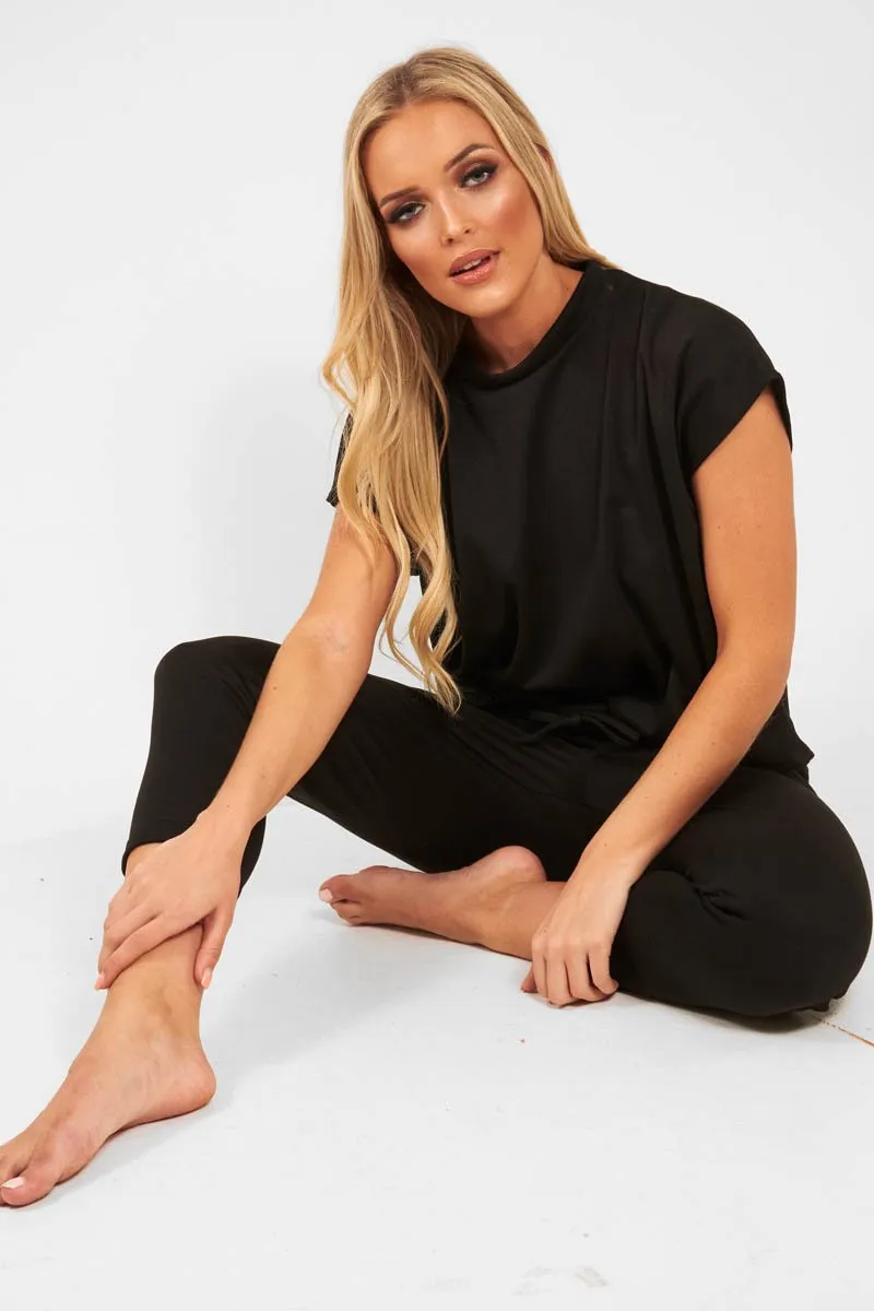 Black Short Sleeve Crop Jogger Loungewear Set - Aarian