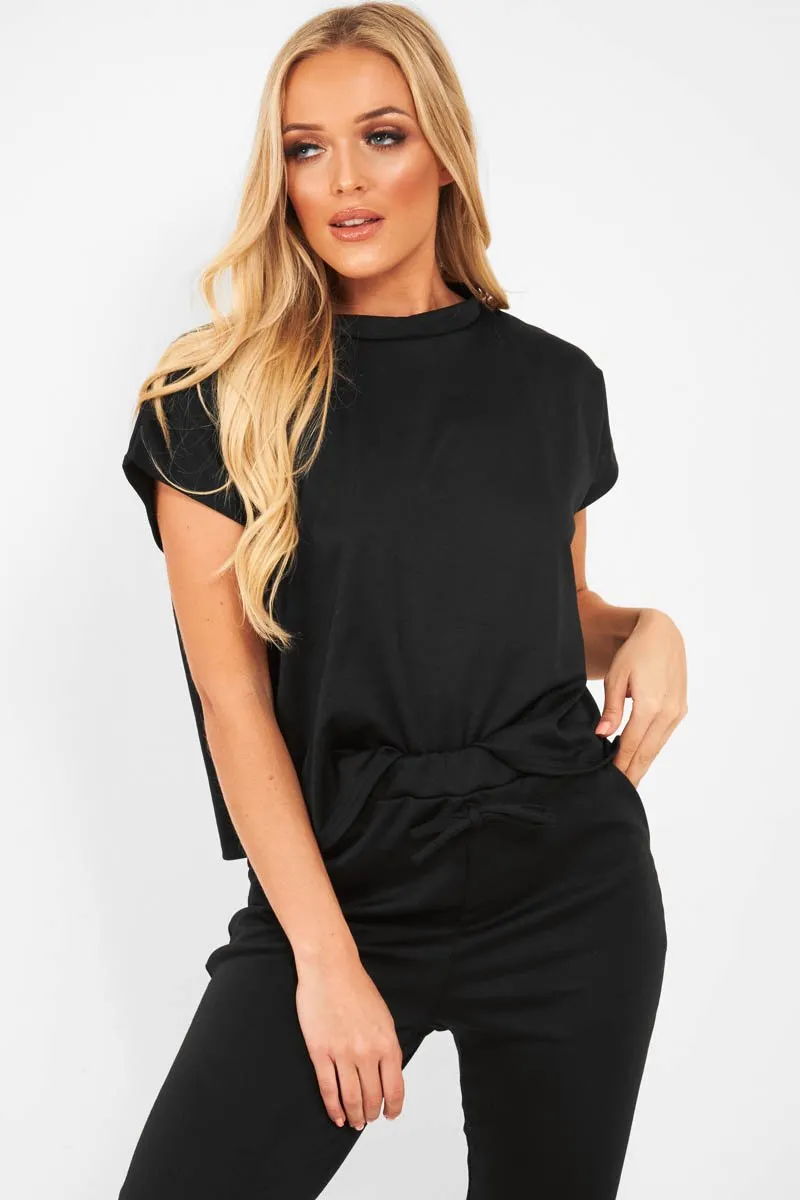 Black Short Sleeve Crop Jogger Loungewear Set - Aarian