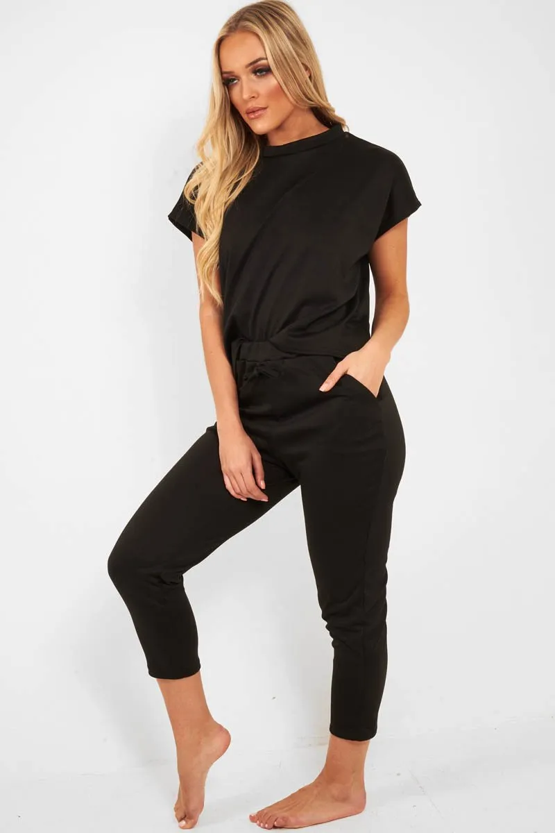 Black Short Sleeve Crop Jogger Loungewear Set - Aarian