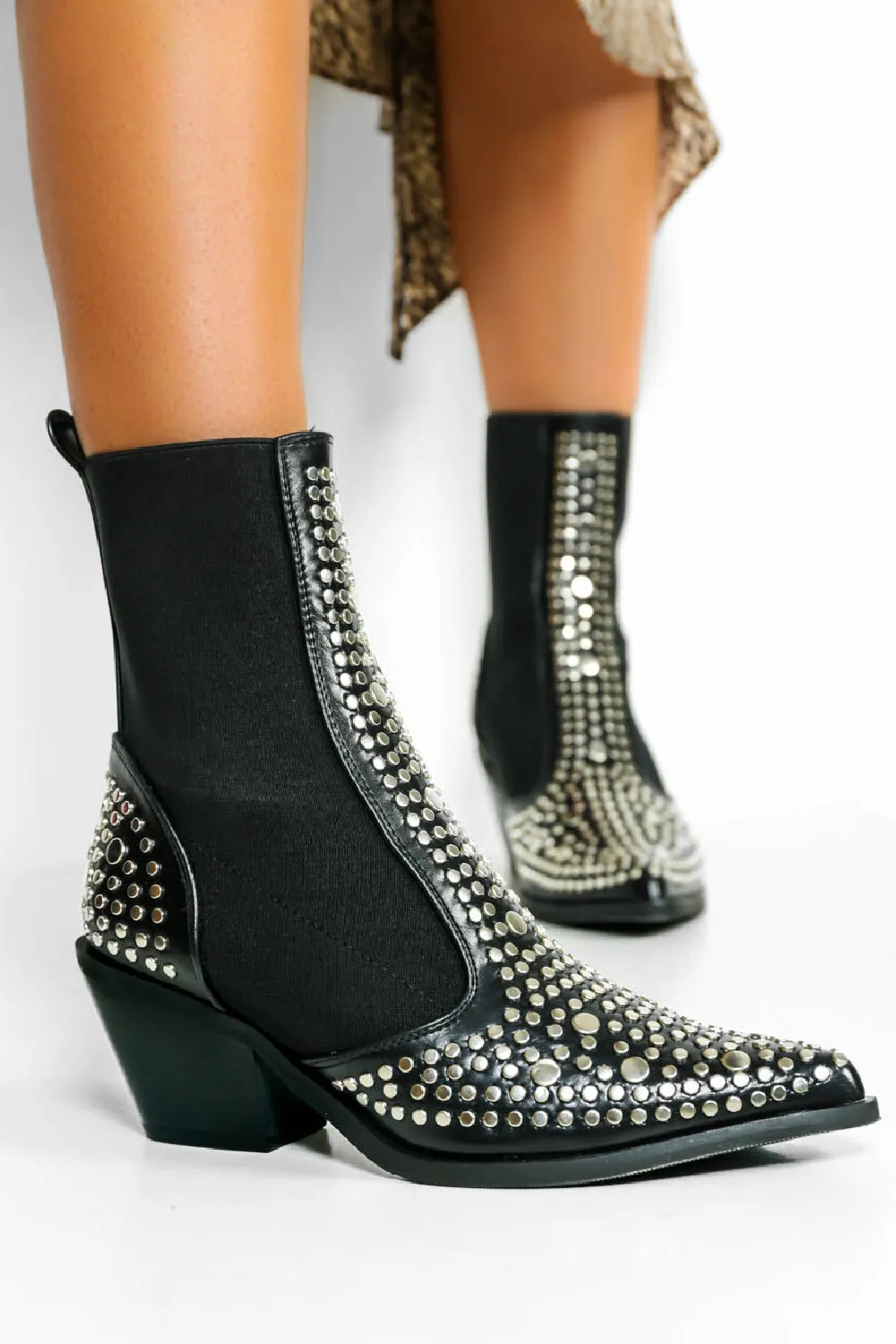 BLACK STUDDED ELASTICATED ANKLE LENGTH WESTERN COWBOY BOOTS