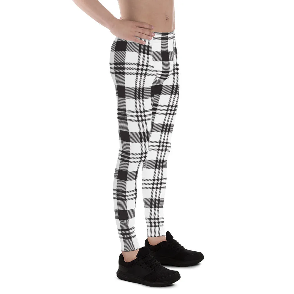 Black White Plaid Print Meggings, Plaid Print Classic Designer Men's Leggings - Made in USA/EU/MX