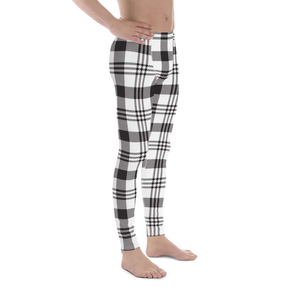 Black White Plaid Print Meggings, Plaid Print Classic Designer Men's Leggings - Made in USA/EU/MX