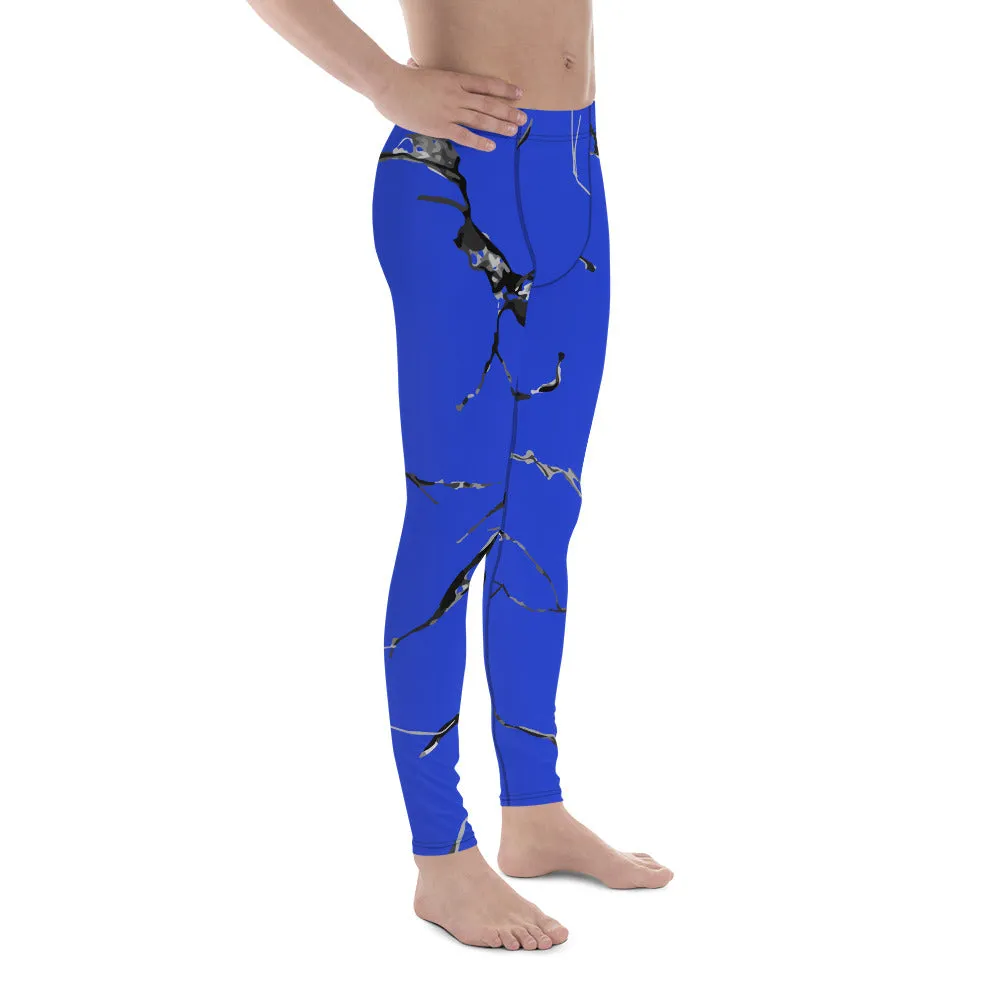 Blue Marble Men's Leggings, Abstract Print Sexy Workout Gym Run Tights Leggings Pants