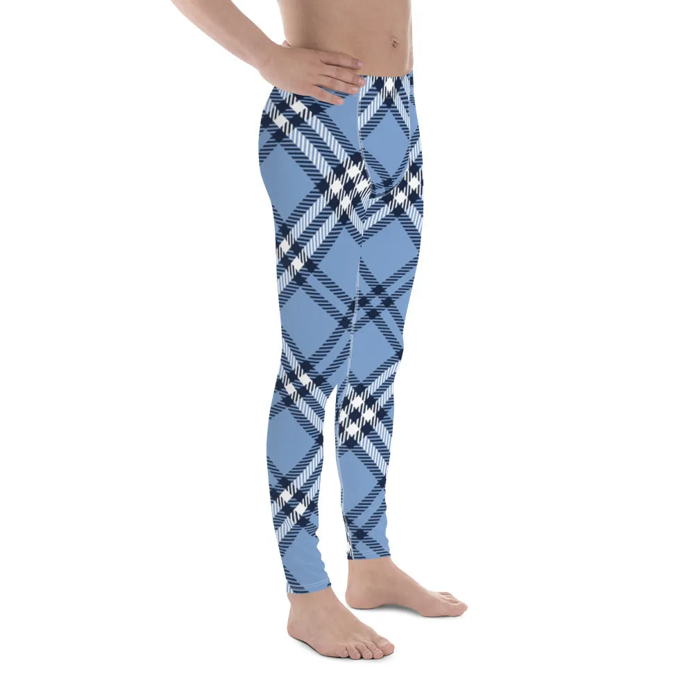 Blue Plaid Print Men's Leggings, Plaid Print Classic Designer Men's Leggings - Made in USA/EU/MX