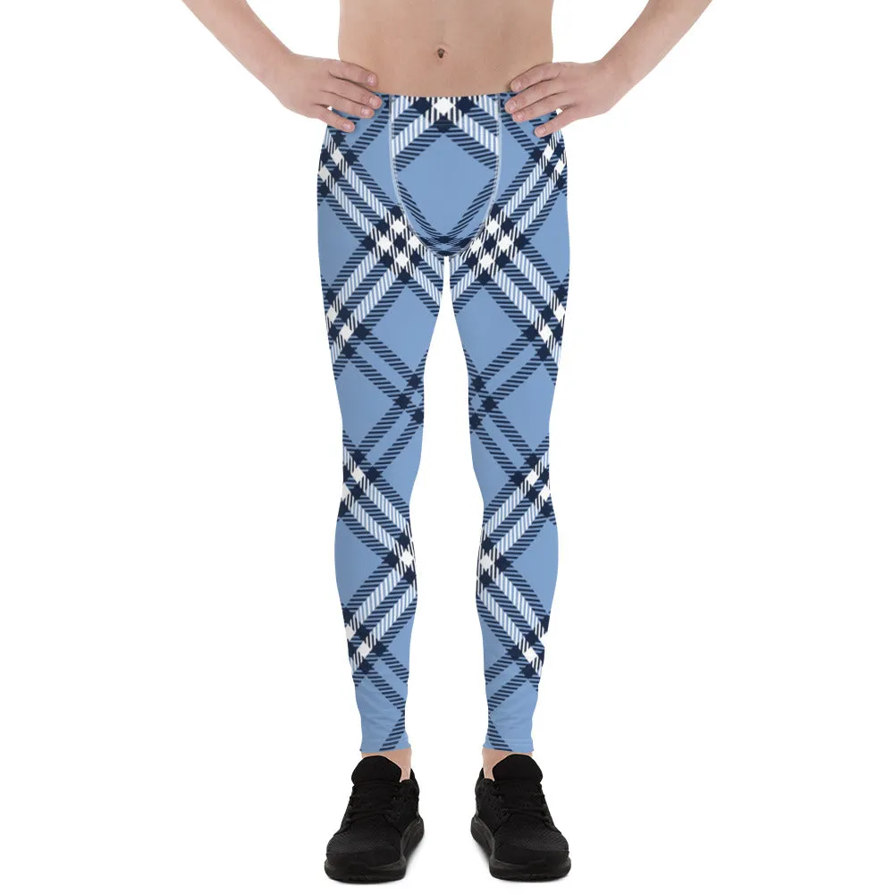 Blue Plaid Print Men's Leggings, Plaid Print Classic Designer Men's Leggings - Made in USA/EU/MX