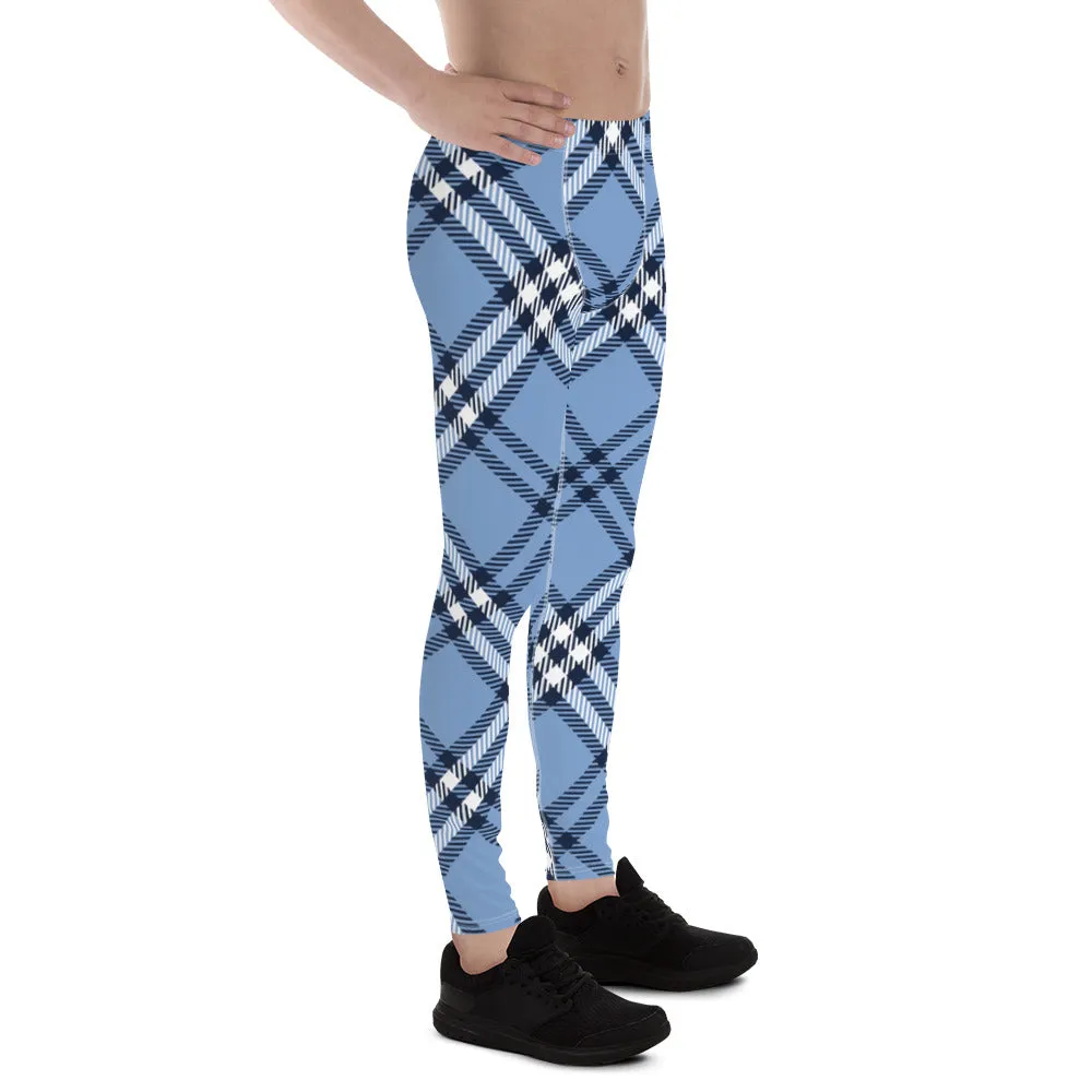 Blue Plaid Print Men's Leggings, Plaid Print Classic Designer Men's Leggings - Made in USA/EU/MX