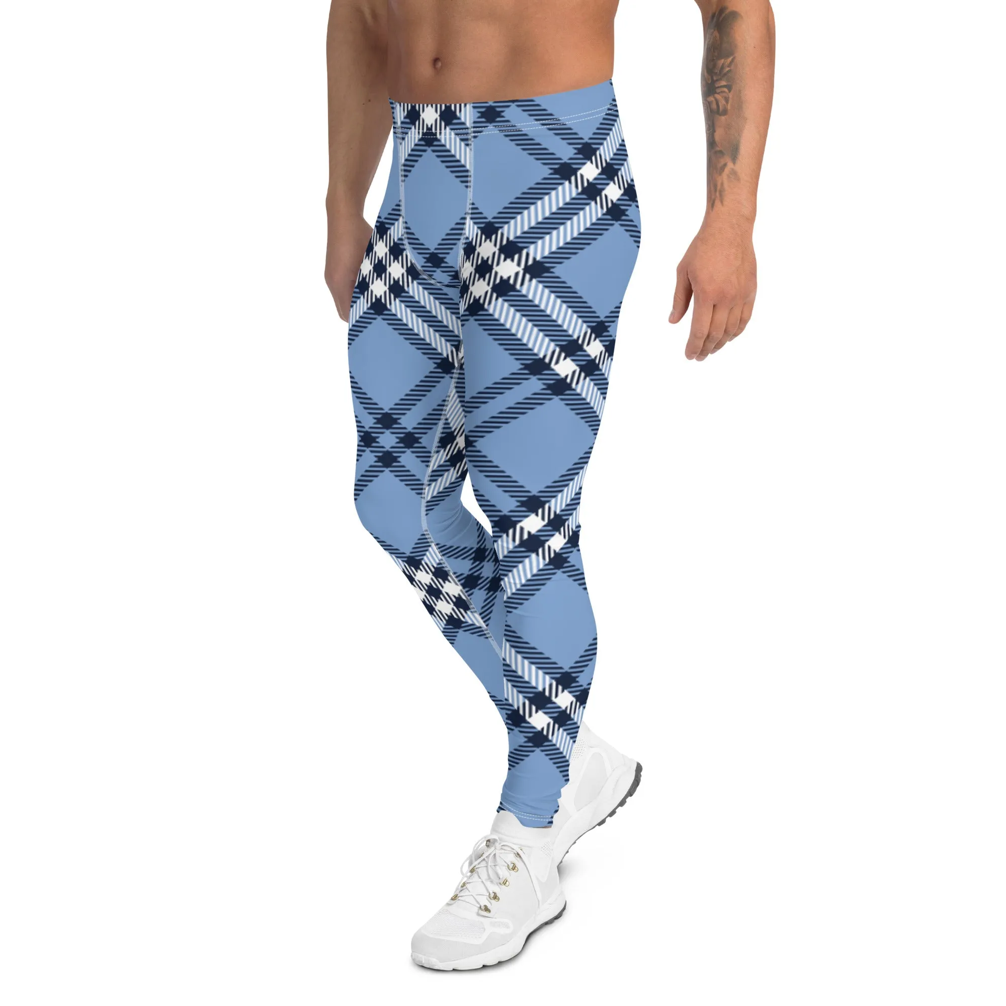 Blue Plaid Print Men's Leggings, Plaid Print Classic Designer Men's Leggings - Made in USA/EU/MX