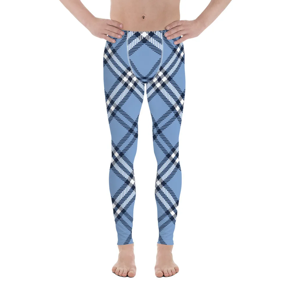 Blue Plaid Print Men's Leggings, Plaid Print Classic Designer Men's Leggings - Made in USA/EU/MX