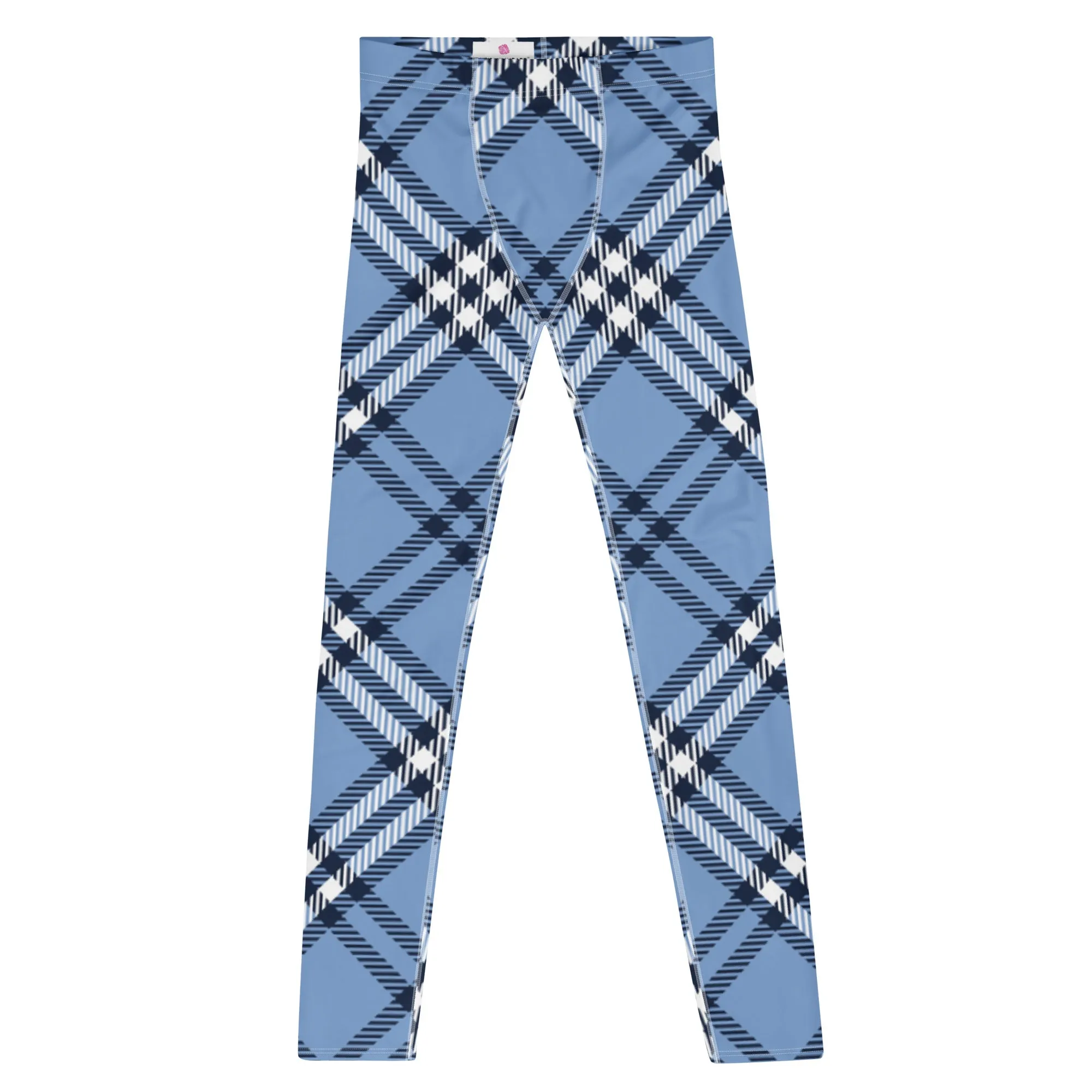 Blue Plaid Print Men's Leggings, Plaid Print Classic Designer Men's Leggings - Made in USA/EU/MX