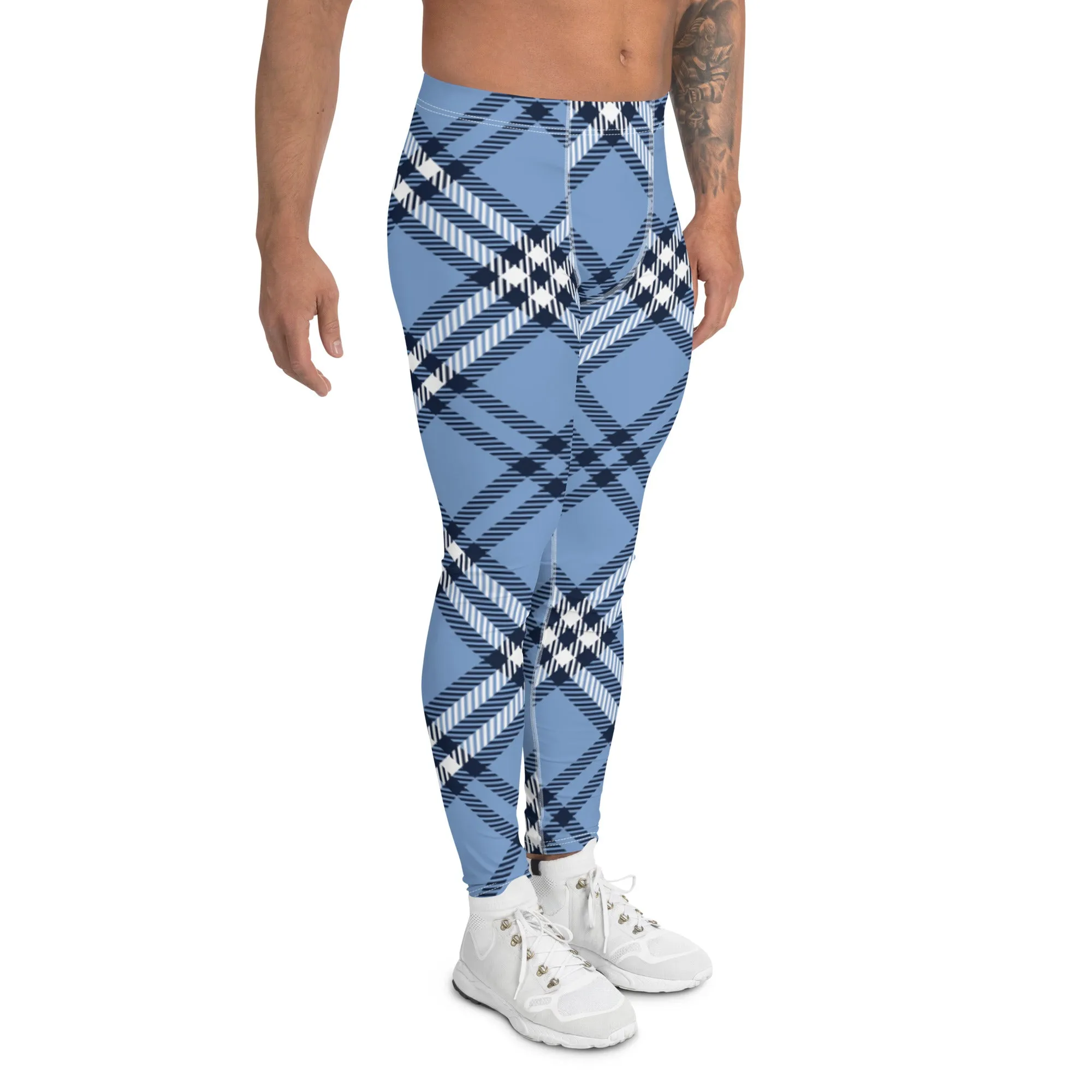 Blue Plaid Print Men's Leggings, Plaid Print Classic Designer Men's Leggings - Made in USA/EU/MX