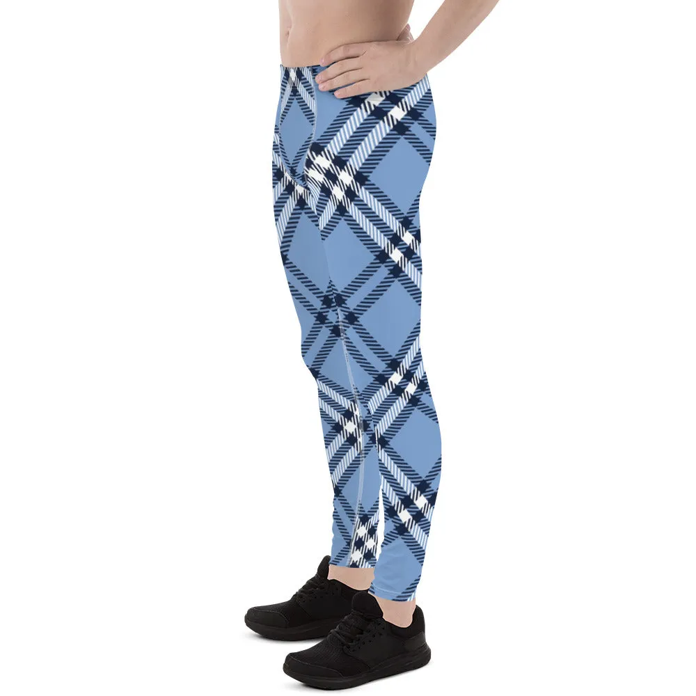 Blue Plaid Print Men's Leggings, Plaid Print Classic Designer Men's Leggings - Made in USA/EU/MX