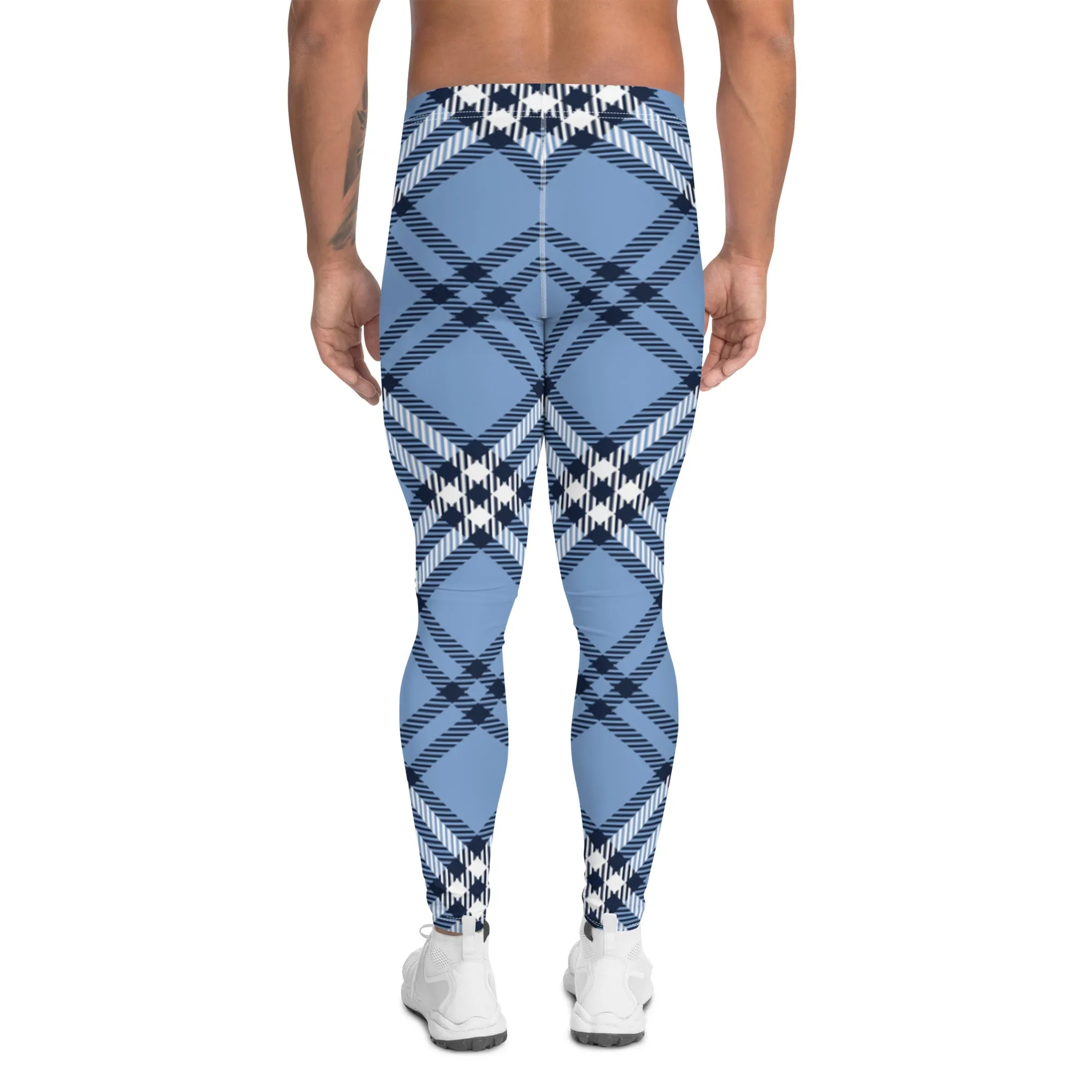 Blue Plaid Print Men's Leggings, Plaid Print Classic Designer Men's Leggings - Made in USA/EU/MX