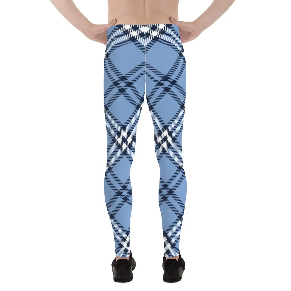 Blue Plaid Print Men's Leggings, Plaid Print Classic Designer Men's Leggings - Made in USA/EU/MX