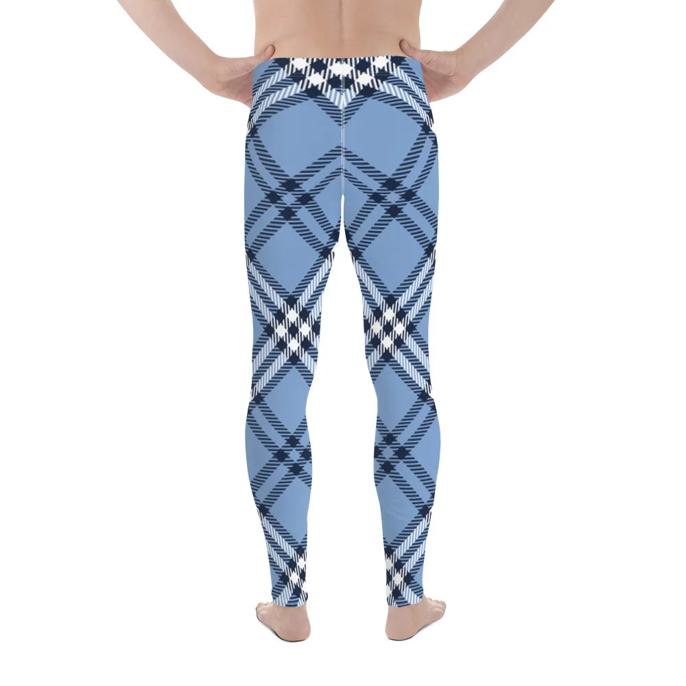 Blue Plaid Print Men's Leggings, Plaid Print Classic Designer Men's Leggings - Made in USA/EU/MX