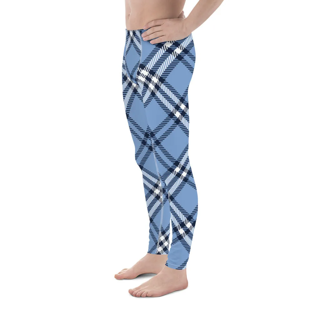 Blue Plaid Print Men's Leggings, Plaid Print Classic Designer Men's Leggings - Made in USA/EU/MX