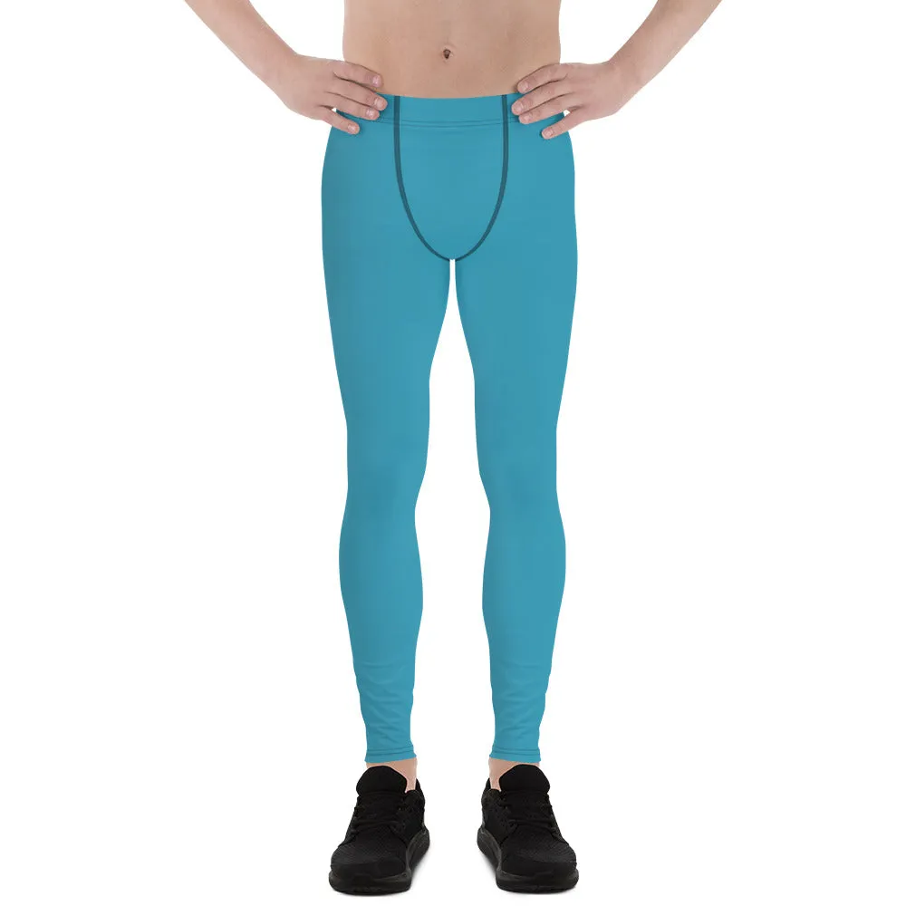 Blue Solid Color Men's Leggings, Modern Meggings Compression Run Tights-Made in USA/EU