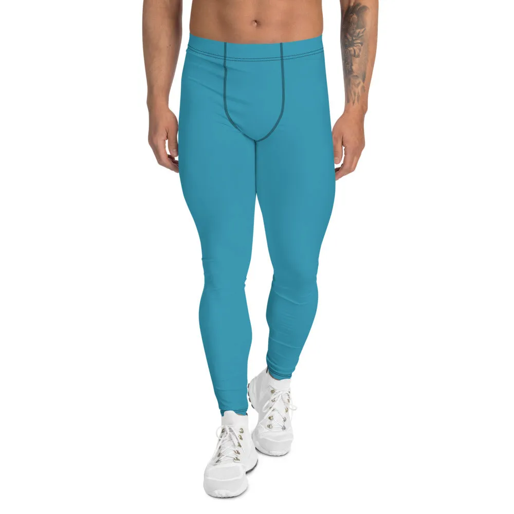 Blue Solid Color Men's Leggings, Modern Meggings Compression Run Tights-Made in USA/EU