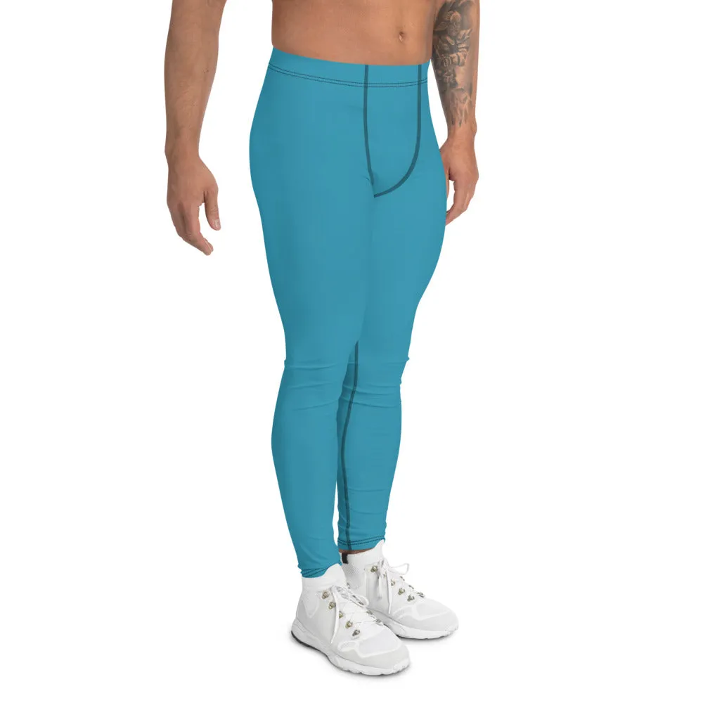 Blue Solid Color Men's Leggings, Modern Meggings Compression Run Tights-Made in USA/EU