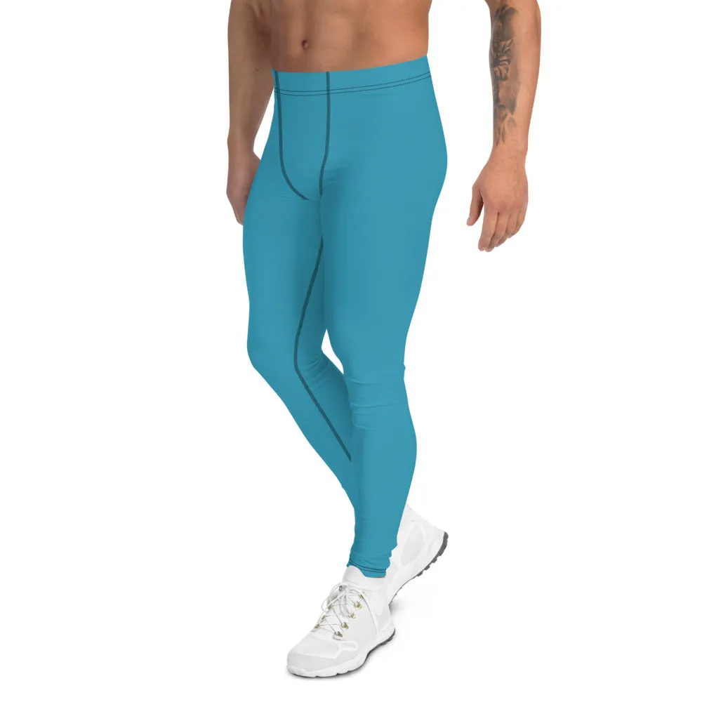 Blue Solid Color Men's Leggings, Modern Meggings Compression Run Tights-Made in USA/EU