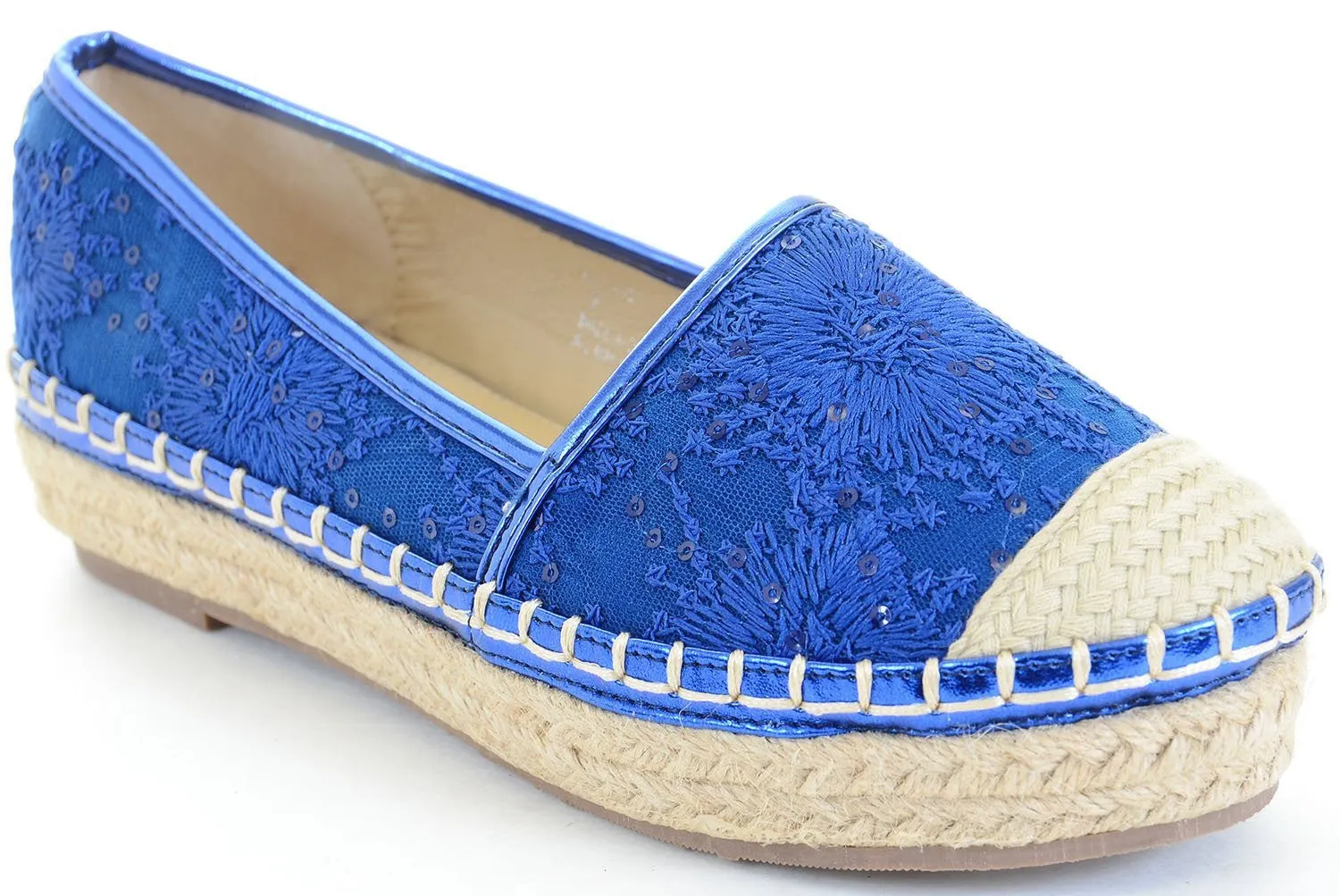 Blue Stitched Flower Canvas Cap Toe Stripes Espadrille Skimmer Loafer Flat