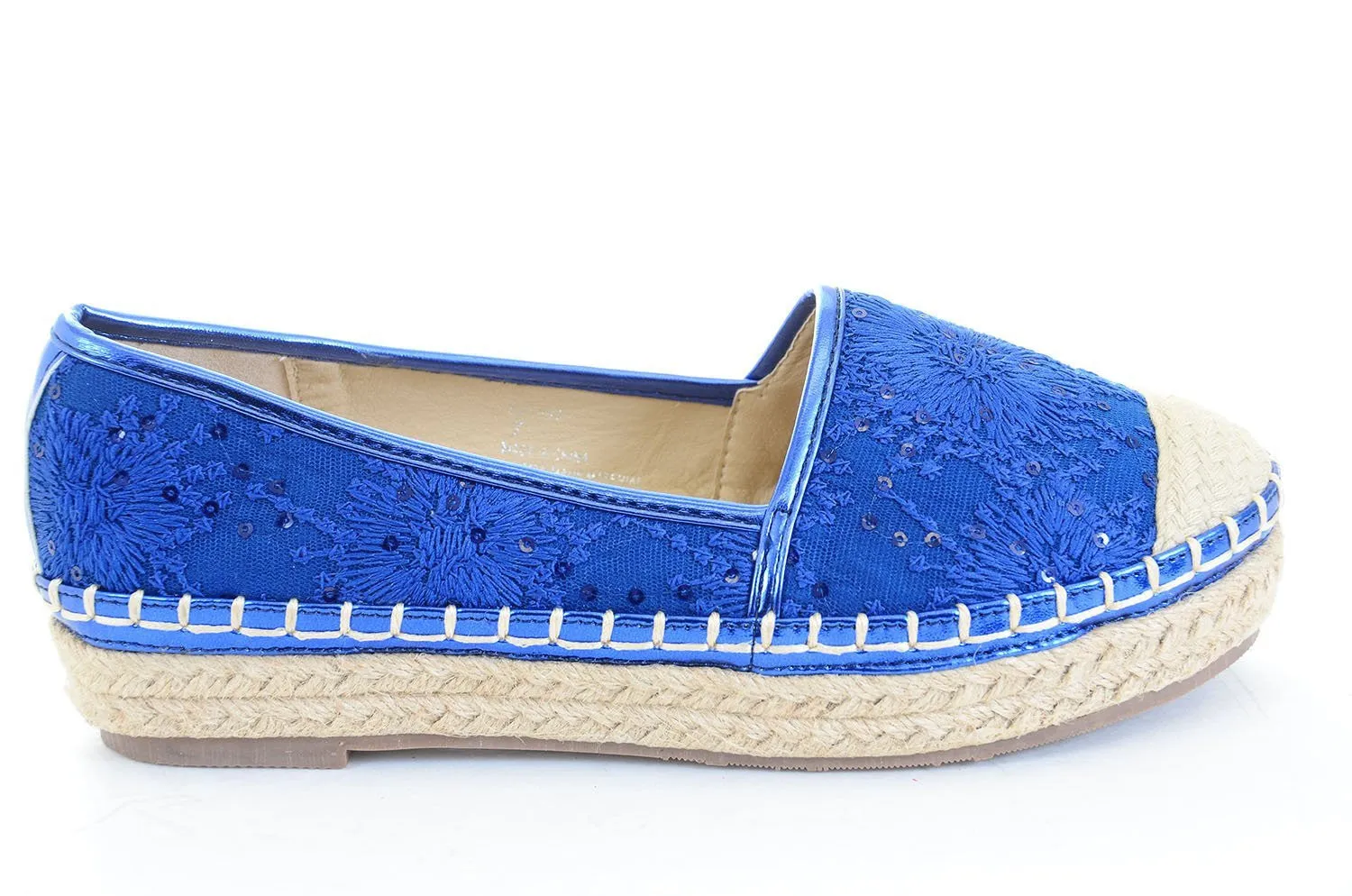 Blue Stitched Flower Canvas Cap Toe Stripes Espadrille Skimmer Loafer Flat