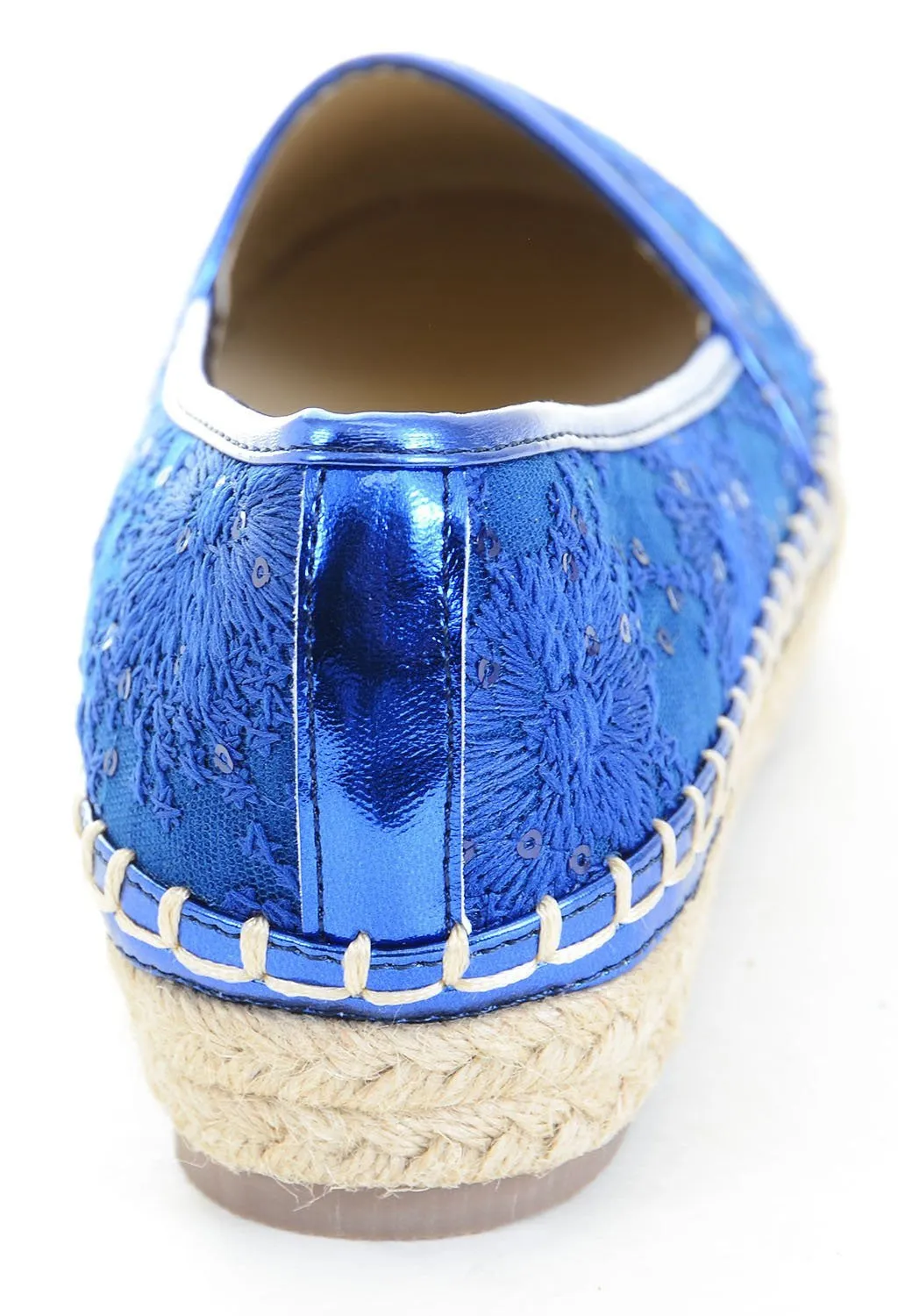 Blue Stitched Flower Canvas Cap Toe Stripes Espadrille Skimmer Loafer Flat