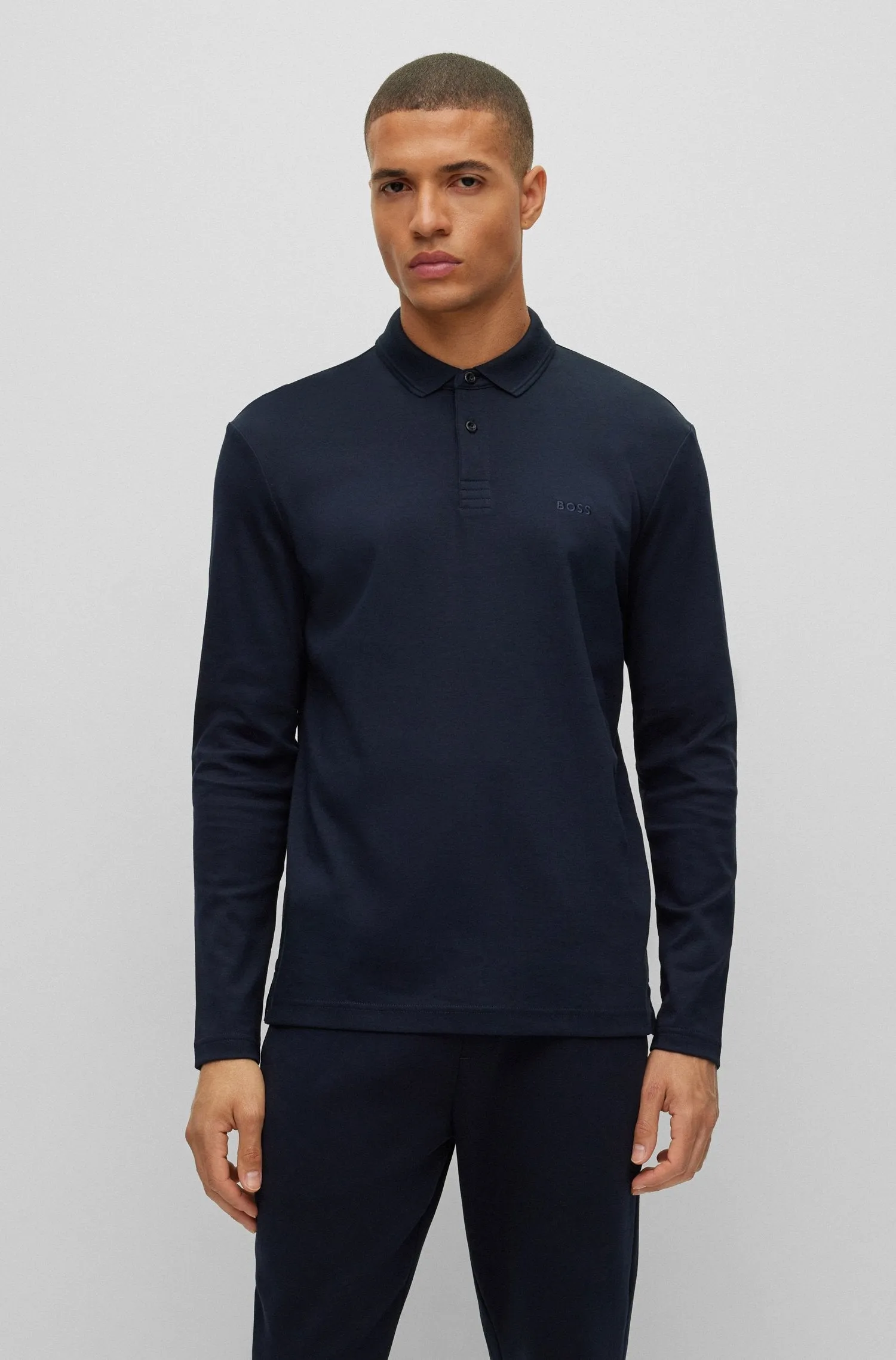 BOSS Pirol Long Sleeve Polo Shirt in Navy