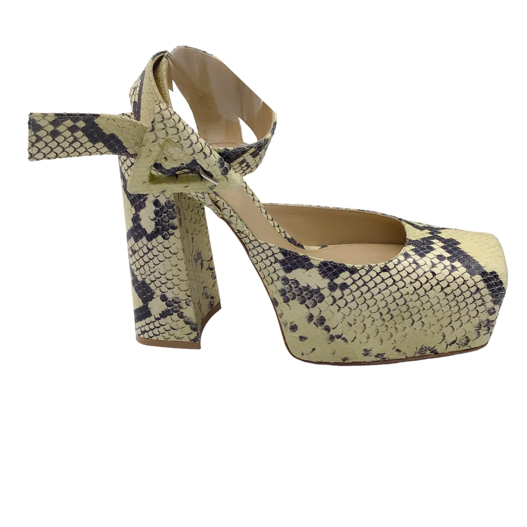 Bottega Veneta Yellow / Black Python Printed Tower Ankle Strap Platform Pumps